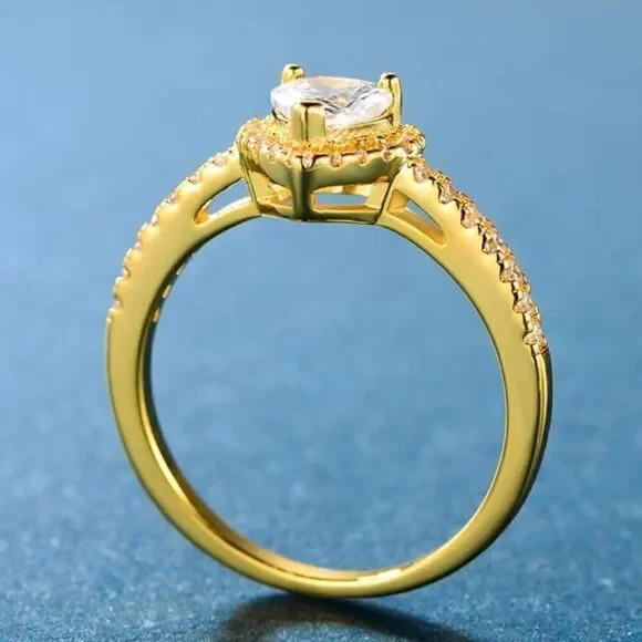 18K Yellow Gold and White Diamond Cubic Zirconia Halo Heart Engagement Ring
